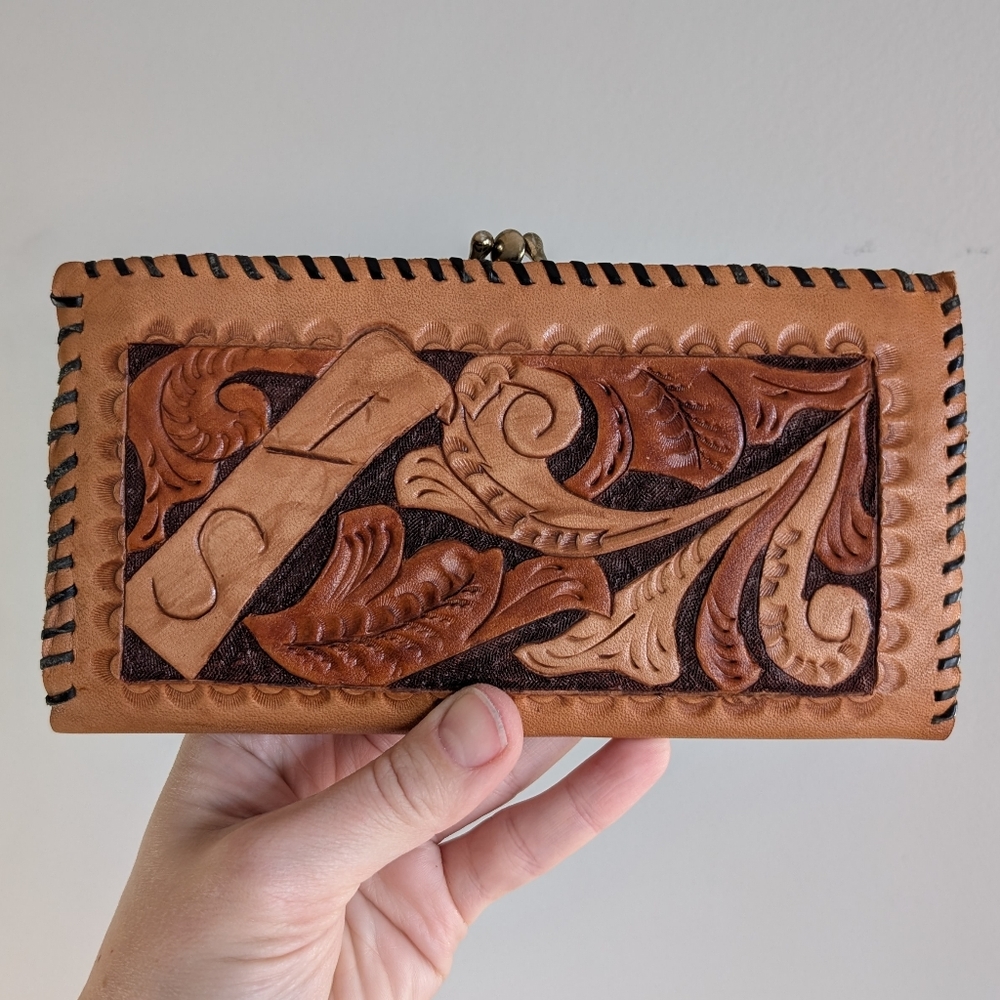 Vintage Tooled Leather Wallet, Kiss Lock Clasps, Tan & Dark Brown